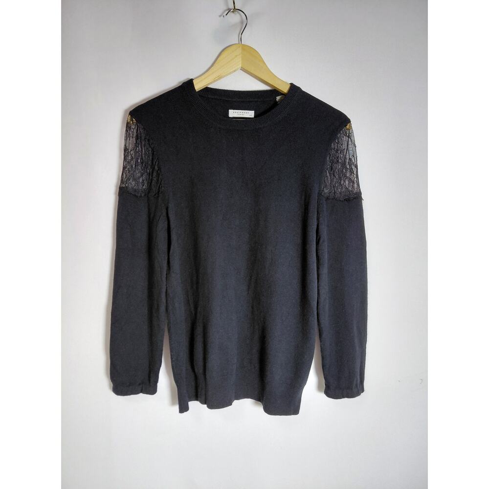 EQUIPMENT FEMME Lace Shoulder Sweater Black Solid Knit Women Size L